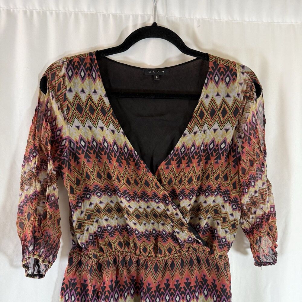Glam Silk Dress Women's Small Brown Multicolor Vneck Semi Sheer Pullover Light - Picture 2 of 11
